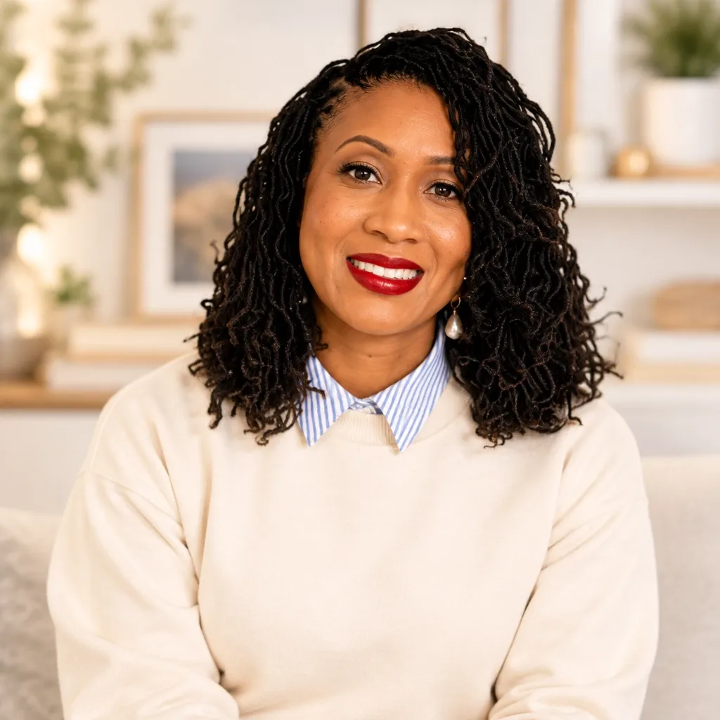 Coach Liz, smiling in a cream sweater and striped shirt